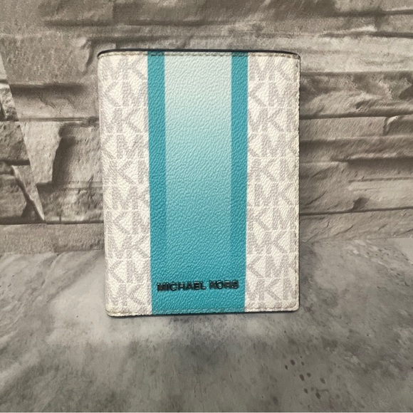 Michael Kors Bedford Passport Wallet Ocean Blue Multi Ombré Center Stripe Logo